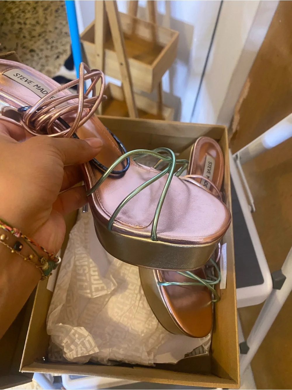 Gold Platform Block Heel Sandals with Iridescent Straps